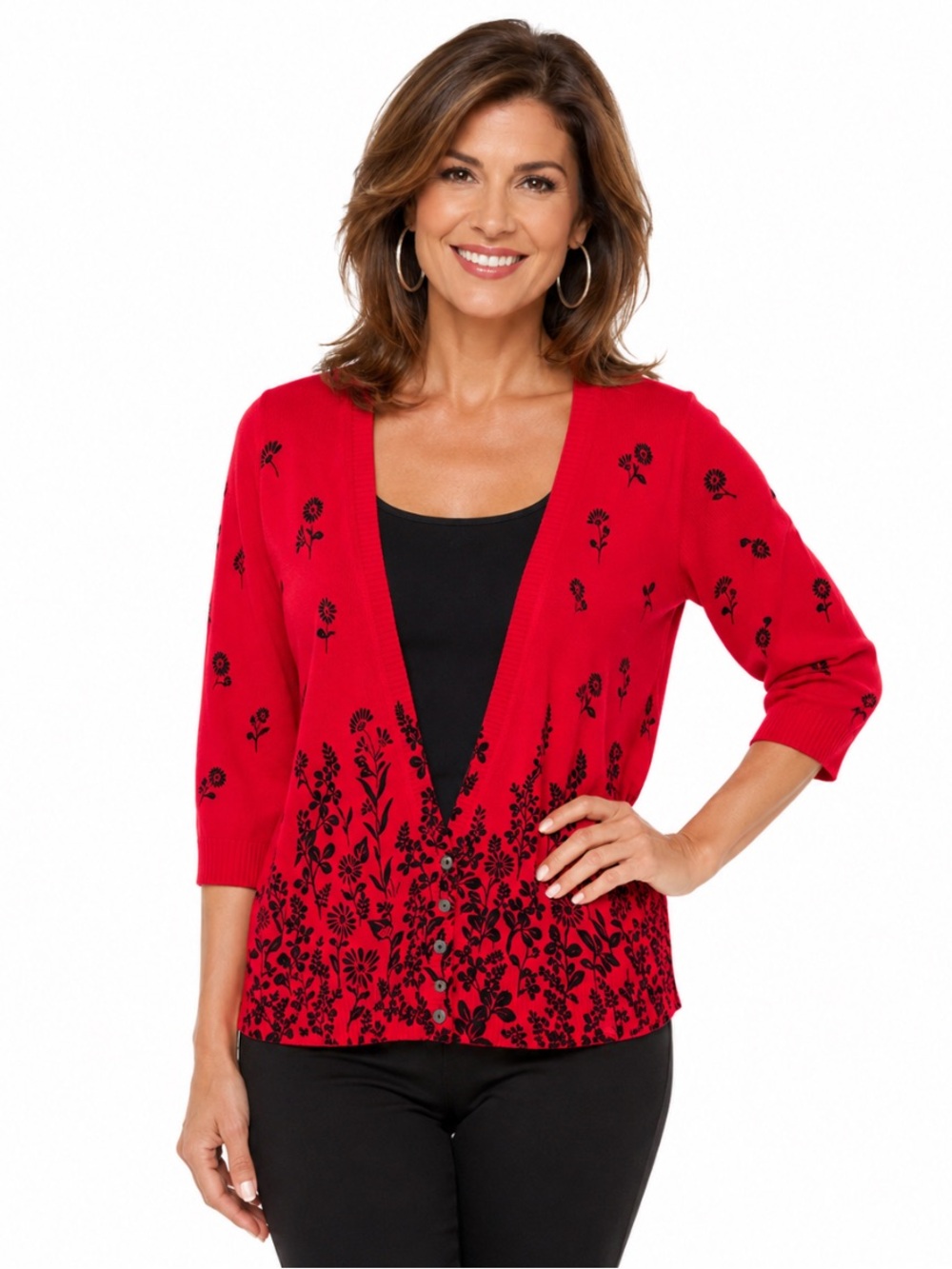 CATHY DANIELS Red V‑Neck Floral Black Center Sweater XL NWOT